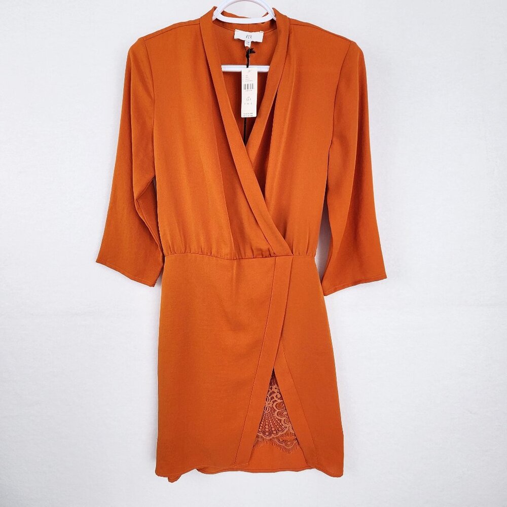 NSR Naomi Anthropologie Orange Lace Surplice Wrap Mini Dress XSP Petite NWT